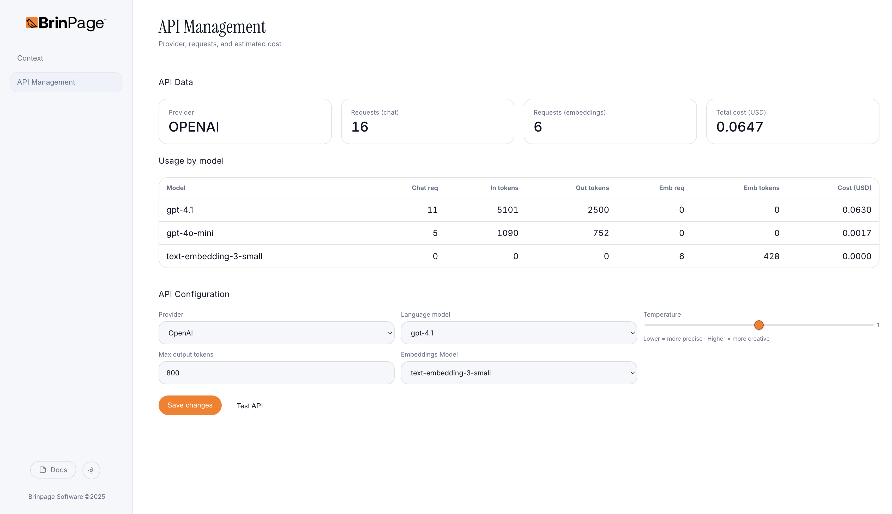 BrinPage CPM Dashboard — Localhost control panel showing model routing, module inspection and runtime context.